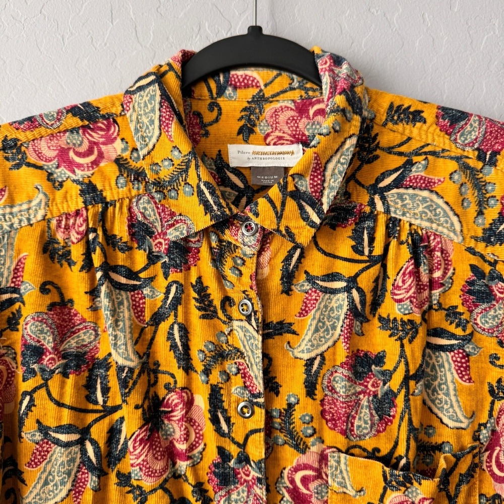 Pilcro Anthropologie Medium Corduroy Shirt Yellow Floral Paisley Long Sleeve - Picture 2 of 6